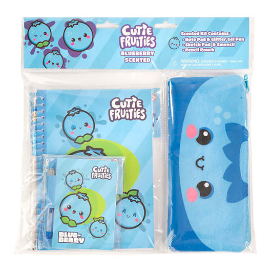 Blueberry Scented Cutie Fruities Stationary Kits, containing a note pad with glitter gel pen, sketch pad with Smencil, and a Plush Pencil Pouch