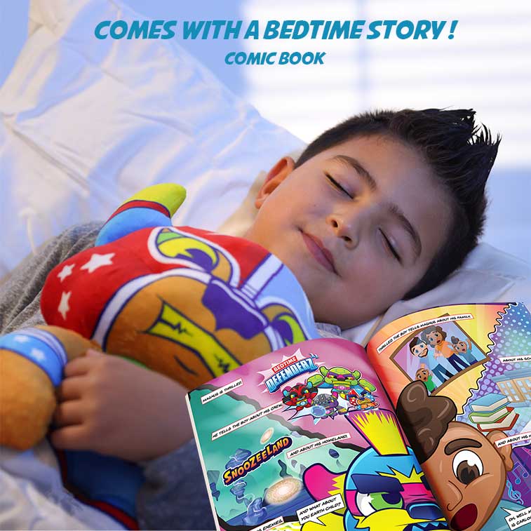 Kid hugging the red, blue, orange and whte plush character Bedtime Defender El Sonador with an open comic book