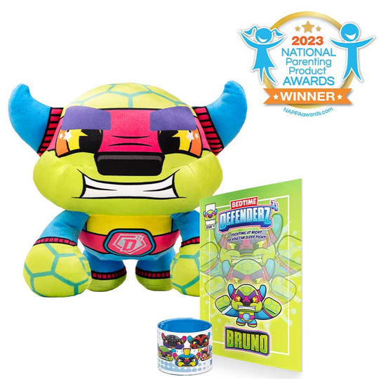 Bedtime Defenderz Green and Blue plush named Bruno with comic book and slap bracelet with 2023 national parenting product awards badge