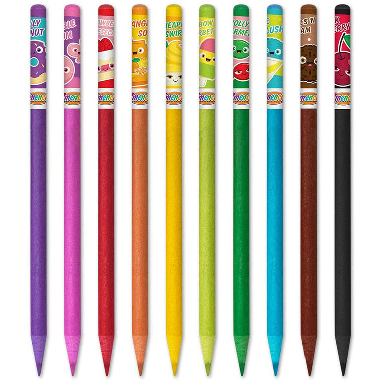 Bubble Gum, Strawberry Cheesecake, Jelly Donut, Blue Slushie, Jolly Watermelon, Rainbow Sherbet, Pineapple Swirl, Orange Soda, Cookies N' Cream, and Black Cherry scented Safari Pencils out of tubes Fanned out