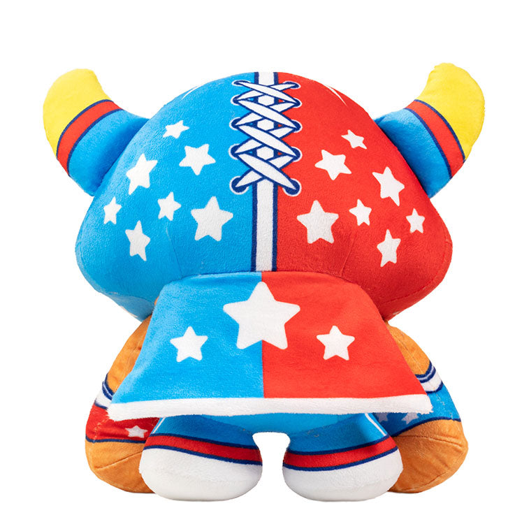 Bedtime Defenderz Red,Blue and Orange plush named El Sonador  in a back view