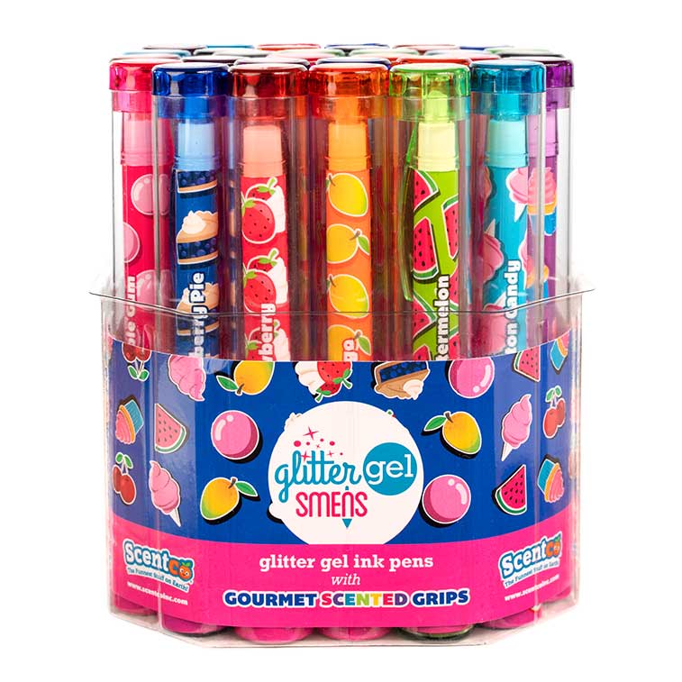 Cylinder of 32 Glitter Gel Smens, Scented Pens in Tubes inside a container