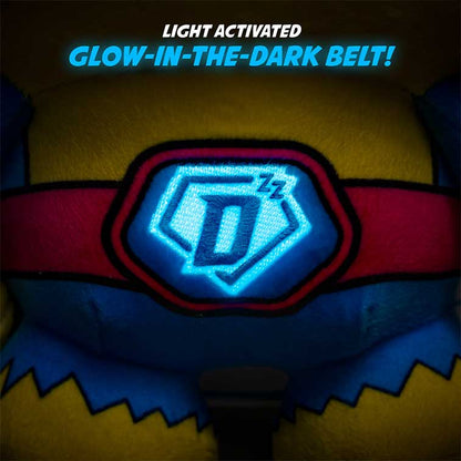 Bedtime Defenderz blue,yellow, and pink plush character named Magnus with the Light Activated Glow in the Dark Belt Glowing