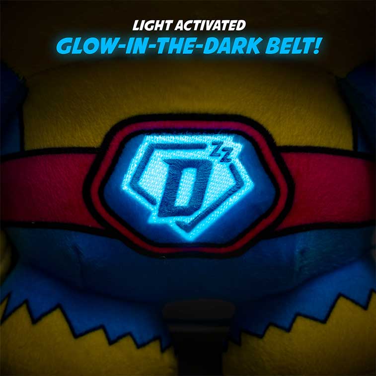 Bedtime Defenderz blue,yellow, and pink plush character named Magnus with the Light Activated Glow in the Dark Belt Glowing