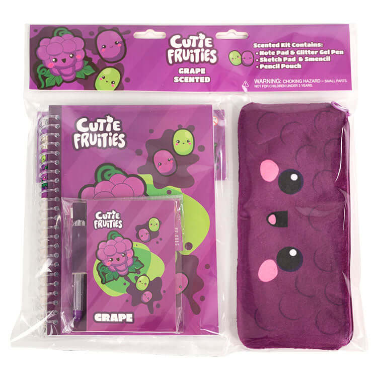 Grape Scented Cutie Fruities Stationary Kits, containing a note pad with glitter gel pen, sketch pad with Smencil, and a Plush Pencil Pouch