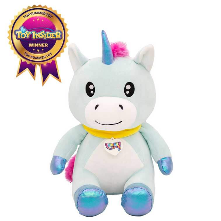 10 Inch blue and white Unicorn with a yellow collar Smanimals Strawbery scented Plush with Top Summer Toy, The Toy Insider winner badge