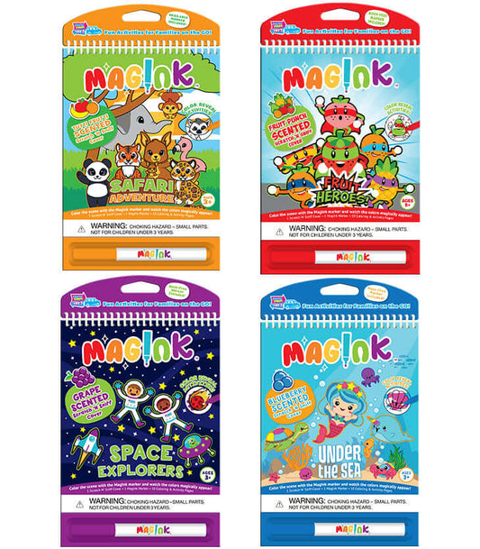 Bundle of 4 Magink activity books containing Safari, Fruit Heroes, Space Explorers, and Under the Sea