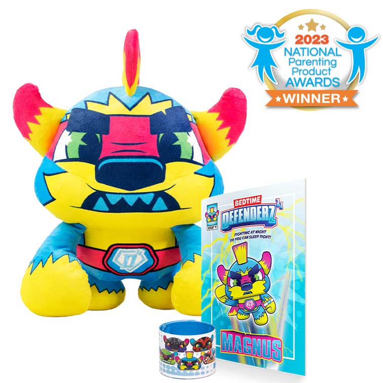 Bedtime Defenderz Blue, Yellow, and Pink plush named Magnus with comic book and slap bracelet with 2023 national parenting product awards badge