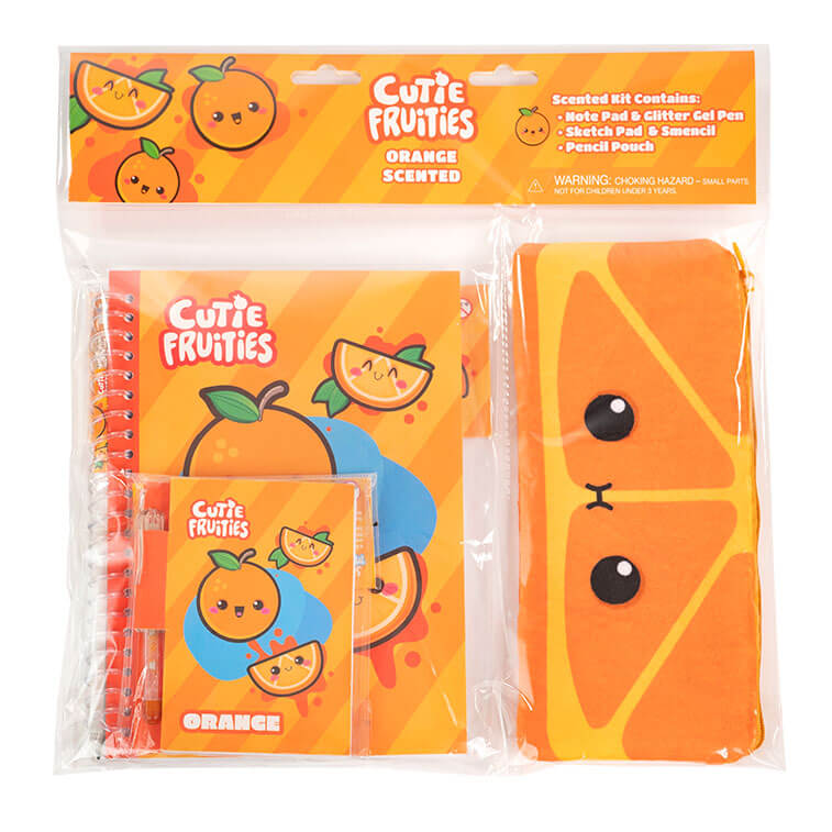 Orange Scented Cutie Fruities Stationary Kits, containing a note pad with glitter gel pen, sketch pad with Smencil, and a Plush Pencil Pouch