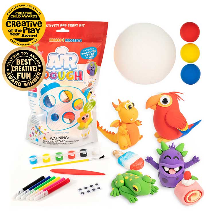 Air Dough Packaging for the Air Dough Create and Decorate Kit with charcters made from Air Dough the lightest most amazing Air Dough on Earth!, paint, markers, googly eyes, brushes, and tools