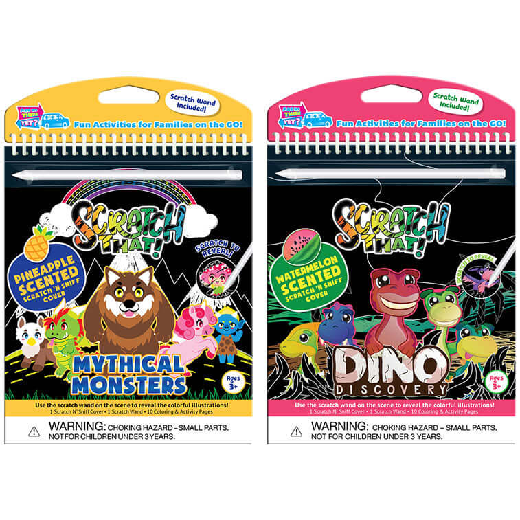 Bundle of 2 Scratch That! activity books containing Mythical Monsters and Dino Discovery