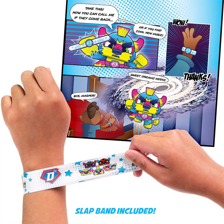 Kid trying on the Bedtime Defenderz Slap Band near a portion of the comic book is open