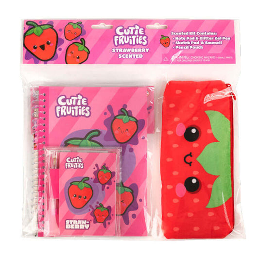 Strawberry Scented Cutie Fruities Stationary Kits, containing a note pad with glitter gel pen, sketch pad with Smencil, and a Plush Pencil Pouch