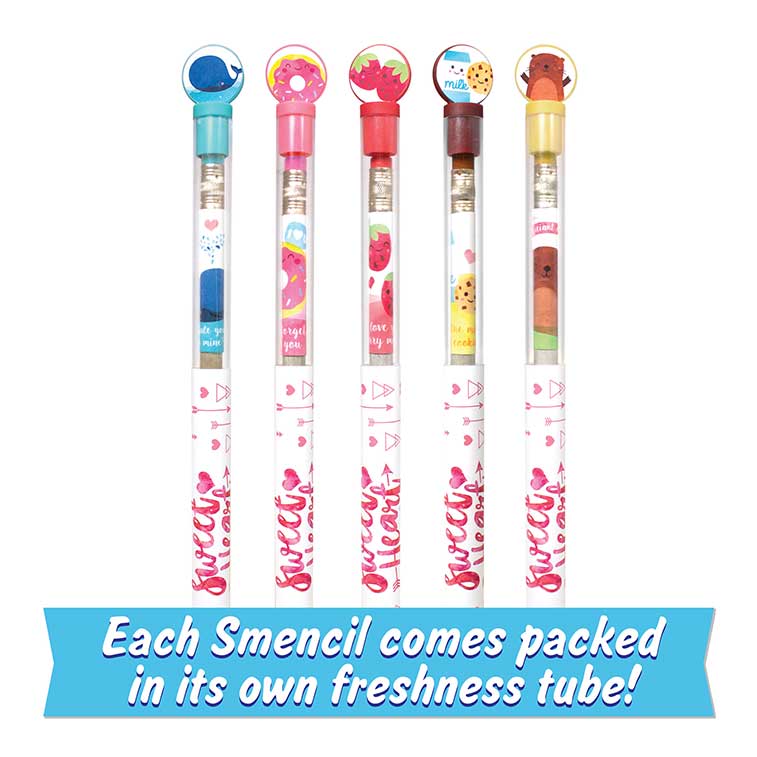 Strawberry, marshmallow, donut, chocolate, and blueberry scented sweetheart smencils in tubes
