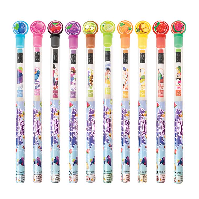 Pineapple, Lemon Lime, Grape, Bubble Gum, Strawberry, Blueberry , Tangerine, Kiwi ,Cherry and Watermelon scented X-Treme Sports Smencils in tubes Fanned out