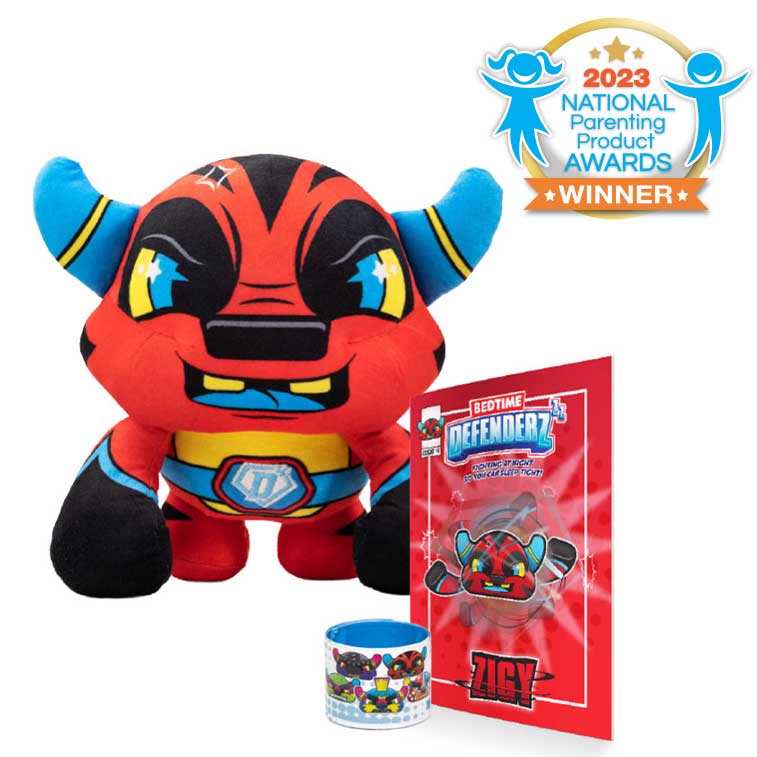 Bedtime Defenderz Red and Black plush named Zigy with comic book and slap bracelet with 2023 national parenting product awards badge